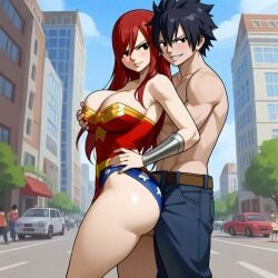 1boy 1girls ai_generated ass black_hair breasts city cosplay costume couple erza_scarlet fairy_tail gray_fullbuster red_hair sensual sexy wonder_woman