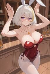 ai_generated bar breasts bunny_ears bunnysuit code_vein eva_roux female huge_breasts large_breasts looking_at_viewer pale-skinned_female pale_skin pantyhose red_leotard scar_on_face scars smile smile_at_viewer violet_eyes white_hair yellow_hair