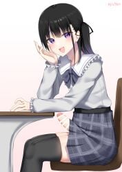 1boy artist_name bar_censor black_hair black_ribbon black_thighhighs blush censored chair crossdressing desk erection grey_shirt grey_skirt hair_ribbon highres indoors kitajima_yuuki long_hair looking_at_viewer open_mouth original otoko_no_ko paid_reward_available penis plaid_clothes plaid_skirt purple_eyes ribbon shirt sidelocks sitting skirt solo speech_bubble sweatdrop thighhighs