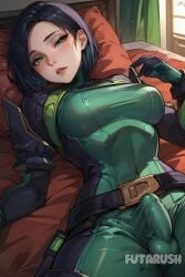 1futa ai_generated artist_name black_hair dickgirl futanari futarush green_eyes large_breasts medium_breasts patreon patreon_username riot_games short_hair sultryspark valorant viper_(valorant)