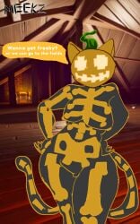 anthro attic bone breasts cat_tail dirty_talk domestic_cat epic_games felid feline felis female female/female for_a_head fortnite genitals glowing glowing_eyes hi_res imminent_sex light mammal meekz object_head pumpkin_cat_(fortnite) pumpkin_head pussy skeleton smile smiling_at_viewer solo stem