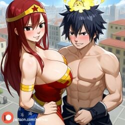 1boy 1girls ai_generated ass black_hair breasts city cosplay costume couple erza_scarlet fairy_tail gray_fullbuster red_hair sensual sexy wonder_woman