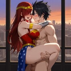 1boy 1girls ai_generated ass black_hair breasts city cosplay costume couple erza_scarlet fairy_tail gray_fullbuster red_hair sensual sexy wonder_woman