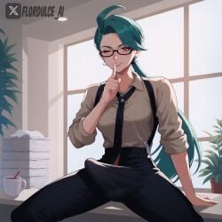 1futa ai_generated collared_shirt earrings erect_penis erection erection_under_clothes erection_under_clothing flordulce futa_only futanari glasses green_hair indoors long_hair office one_eye_closed pants penis pokemon pokemon_sv red_eyes rika_(pokemon) seductive seductive_look seductive_smile shushing sitting solo_futa spread_legs suspenders tie wink