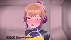 3d agent_mirai ahe_gao blender_(medium) blush bodysuit brown_hair crying crying_with_eyes_open female headphones highres mirai_(agent_mirai) open_mouth ponytail purple_eyes rolling_eyes saliva skin_tight solo sweat tears umaaji_lady_mk2