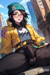 1futa ai_generated artist_name beanie bulge bulge_through_clothing circle_glasses dickgirl erected erected_penis erection futanari futarush glasses glasses_on_head green_beanie killjoy_(valorant) nerd nerdy patreon patreon_username riot_games round_glasses sultryspark valorant