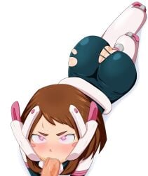 angry ass aware bodysuit brown_hair dildo fellatio femsub glaring glowing_eyes huge_ass hypnosis maledom mind_control my_hero_academia ochako_uraraka oral penis pink_eyes ryuugu sex_toy short_hair torn_clothes