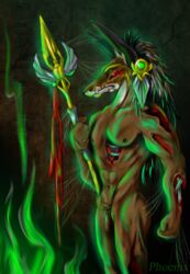 1boy abs anubian_jackal bone canine egyptian green_eyes jackal male male_only muscles nude pecs penis polearm solo spear staff weapon web