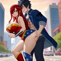 1boy 1girls ai_generated ass black_hair breasts city cosplay costume couple erza_scarlet fairy_tail gray_fullbuster red_hair sensual sexy wonder_woman