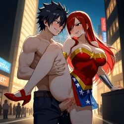 1boy 1girls ai_generated ass black_hair breasts city cosplay costume couple erza_scarlet fairy_tail gray_fullbuster red_hair sensual sexy wonder_woman