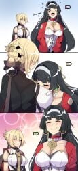 2girls astra_yao battery_indicator battery_life black_hair blonde_hair blush breasts breasts_on_face busty closed_eyes comic english_text evelyn_chevalier happy happy_female hinghoi large_breasts recharging red_eyes smothering text_bubble tired wholesome yuri zenless_zone_zero