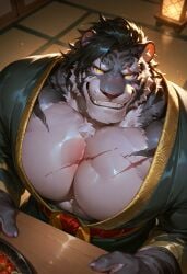 ai_generated anthro black_hair black_stripes claws clothed clothing cocky furry furry_only grey_fur grin hi_res indoors inner_ear_fluff japanese_clothes kimono male pantherine pink_nose scar scar_across_eye sdorica solo stripes thick_eyebrows tiger tiger_ears white_body yao_(sdorica) yellow_eyes