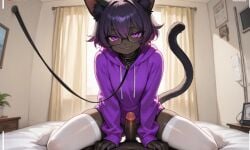 1boy ai_generated bed black_fur black_skin cat cat_ears cat_tail cowgirl_position feline femboy gay girly glasses imminent_sex leash looking_at_viewer oc penis purple_eyes purple_hair purple_hoodie smug solo stockings stomas1408 tagme white_stockings wolfy_zero youtube youtuber