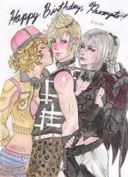 1boy 2girls aranea_highwind arms_behind_back birthday blonde_hair blonde_hair_female blonde_hair_male blue_eyes breast_press_on_chest breasts_pressed_against_partner chain_leash chains cindy_aurum collar color female femdom final_fantasy final_fantasy_xv freckles girl_sandwich kissing_cheek leash leash_and_collar leash_pull male male/female malesub prompto_argentum sandwich_position sandwiched straight