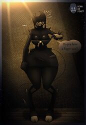 2025 2d 2d_(artwork) 2d_artwork artist_logo artist_name beanontoast bendy bendy_and_the_dark_revival bendy_and_the_ink_machine bendy_fem big_breasts black_body black_dress demon demon_girl dialogue female hooves horns ink_demon thick_thighs