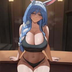 ai_generated blue_hair bunny_ears bunny_girl cleavage hi_res hololive large_breasts long_hair looking_at_viewer milf navel pekomama red_eyes room roxor smile solo steaming_body tank_top wide_hips