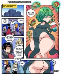 2boys 2girls betting big_breasts classychicken34 comic comic_page eating eating_food english_text fat fat_ass fat_belly green_eyes green_hair huge_ass huge_belly huge_thighs metal_bat one_punch_man patreon_url tatsumaki text_bubble tsundere weight_gain_sequence wobble