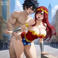 1boy 1girls ai_generated ass black_hair breasts city cosplay costume couple erza_scarlet fairy_tail gray_fullbuster red_hair sensual sexy wonder_woman