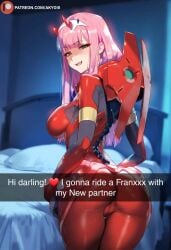 1girls ai_generated akyoi ass bedroom big_breasts blush breasts darling_in_the_franxx doujinshi doujinshi_cover eyeshadow female green_eyes hairband horns large_breasts light-skinned_female light_skin long_hair looking_at_viewer makeup netorare patreon patreon_username photo pilot_suit pink_hair smile snapchat solo solo_female taking_picture text white_hairband zero_two_(darling_in_the_franxx)