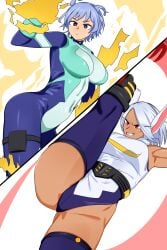 2girls action_pose animal_ears ass blue_eyes blue_hair bodysuit breasts bunny_ears dark-skinned_female facial_scar huge_ass huge_breasts leotard long_hair midriff miruko muscular_female my_hero_academia nejire_hado prosthetic prosthetic_limb red_eyes rumi_usagiyama ryuugu scar short_hair skin_tight standing_split thick_thighs thighs white_hair