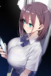 ai-chan_(tawawa) ai_generated blue_eyes breasts brown_hair busty female getsuyoubi_no_tawawa huge_breasts school_uniform schoolgirl short_hair train train_interior