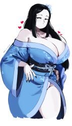 accessory big_breasts black_hair blue_clothing boobs_bigger_than_head breasts curvy_figure exposed_shoulders flower_on_head fundoshi ghost gimmiko hands_on_hips heart heart_symbol high_quality highres japanese_clothes japanese_mythology kimono large_breasts long_hair long_nails looking_at_viewer no_mouth pale-skinned_female pale_skin raised_eyebrows shavin65 shoulders signature simple_eyes straight_hair voluptuous_female youkai yuki_onna