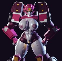 1girl 3d abs atumalaca_3d big_breasts breasts casual_nudity elita_one freakyyto glowing_genitalia glowing_pussy hands_on_hips horns nipples pink_nipples pussy robot robot_girl robot_humanoid smile solo solo_female transformers vagina yellow_eyes yellow_pussy