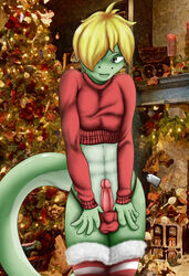 anthro christmas front_view holidays indoors lizard male male_only panties penis pinup poisson scalie show solo standing stockings underwear