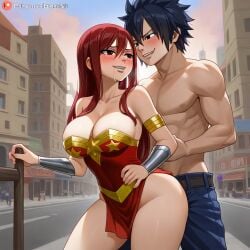 1boy 1girls ai_generated ass black_hair breasts city cosplay costume couple erza_scarlet fairy_tail gray_fullbuster red_hair sensual sexy wonder_woman