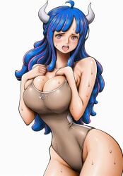 1girls ai_generated bare_arms bare_legs bare_shoulders bare_thighs big_breasts blush clothed clothing color female female_focus female_only hi_res horns large_breasts light-skinned_female light_skin long_hair looking_at_viewer multicolored_hair one-piece_swimsuit one_piece pink_eyes shounen_jump solo solo_female sweat thick_thighs ulti_(one_piece) yashin