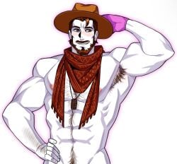 1boy abs arm_hair arm_muscles armpit_hair bara barely_clothed beard chest_hair explorer explorer_hat flushed gay glove hairy hairy_abs hairy_armpit hairy_arms hairy_chest hand_behind_head happy_trail hat implied_nudity just_dance just_dance_2022 male male_only moustache muscles nipples no_visible_genitalia orion_(just_dance) pink_glove revealyoursins scarf shirtless six_pack solo solo_male tagme yaoi