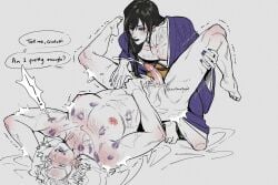 2boys anal anal_sex big_pecs black_hair canon_crossdressing crossdressing cum drag_queen earthnattapat ejaculation english_text erection femboy full-face_blush gay gintama gintoki_sakata japanese_clothes josou_seme katsura_kotarou kimono kiss_mark kiss_marks lipstick lipstick_mark long_hair long_hair_male looking_pleasured male male_only muscular muscular_male official_alternate_costume on_back pecs penis purple_lipstick uncensored yaoi zurako