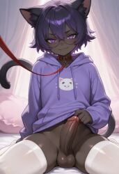 1boy _cat_1408 ai_generated bed black_fur black_skin cat cat_ears cat_tail feline femboy gay girly glasses hoodie_lift leash looking_at_viewer male male_only oc penis presenting_penis purple_eyes purple_hair purple_hoodie sit smug solo stockings stomas1408 tagme white_stockings wolfy_zero youtube youtuber