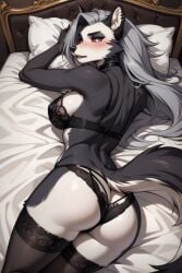 ai_generated ass black_lingerie hellhound helluva_boss laying_on_bed laying_on_stomach loona_(helluva_boss) on_bed