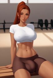 1futa 2d ai_generated aka6_(style) auburn_hair big_bulge bike_shorts blondshell brown_hair brown_shorts bulge bulge_in_shorts bulge_through_clothing civitai crop_top futa_only futanari gym gym_bench gym_uniform human large_breasts long_hair looking_at_viewer midriff navel olive-skinned_futanari olive_skin original_character short_sleeves solo toned_futa toned_stomach white_crop_top