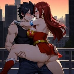 1boy 1girls ai_generated ass black_hair breasts city cosplay costume couple erza_scarlet fairy_tail gray_fullbuster red_hair sensual sexy wonder_woman