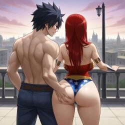 1boy 1girls ai_generated ass black_hair breasts city cosplay costume couple erza_scarlet fairy_tail gray_fullbuster red_hair sensual sexy wonder_woman