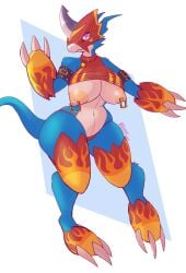 anthro bandai_namco big_breasts breasts clothing digimon digimon_(species) dragon female flamedramon hi_res nipple_piercing nipples panties piercing rule_63 scalie solo underwear vikhop wide_hips