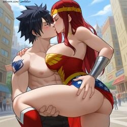 1boy 1girls ai_generated ass black_hair breasts city cosplay costume couple erza_scarlet fairy_tail gray_fullbuster red_hair sensual sexy wonder_woman