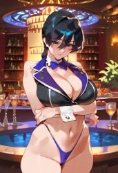 2d ai_generated big_breasts black_hair bunny_garden cleavage female female_focus female_only hair_between_eyes indoors miuka_(bunny_garden) panties short_hair solo solo_female solo_focus tagme wrist_cuffs