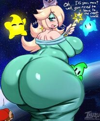 2025 absurd_res ass ass_bigger_than_head ass_focus big_breasts big_butt blonde_hair blue_eyes blush breasts clothed clothing crown dialogue dress dumptruck_ass duo eyelashes female genitals hair headgear hi_res holding_object huge_ass huge_breasts huge_butt human hyper hyper_butt hyper_genitalia imminent_penetration imminent_sex inuzu larger_female looking_back luma magic_wand male mammal mario_(series) mario_bros nintendo not_furry open_mouth princess_rosalina pupils size_difference small_but_hung smaller_male super_mario_galaxy text yellow_body