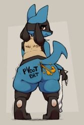 2022 2:3 ambiguous_gender anthro anus artist_name ass black_body black_fur blue_body blue_fur blue_tail brown_eyes dark_anus fart fart_cloud frown fur generation_4_pokemon grey_background holding_object holding_towel jubb leaning leaning_forward looking_back lucario motion_lines mouth_closed nintendo pokemon pokemon_(species) raised_tail rear_view simple_background solo sound_effects tail tan_body tan_fur text towel vowelless vowelless_sound_effect