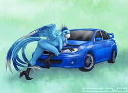 anthro avian beak bird breasts car catwolf female looking_at_viewer macaw nude parrot pinup pussy solo