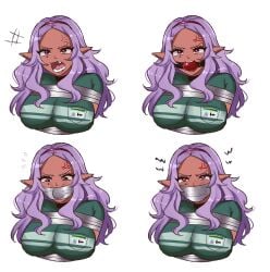 1girl anger_vein angry angry_expression angry_face ball_gag bondage bust clothed clothed_female commission commission_art commissioner_upload dark-skinned_female dark_elf dark_skin duct_tape elf elf-san_wa_yaserarenai elf_ears kuroeda large_breasts mole mole_under_eye open_mouth purple_hair red_eyes tagaen810 tagme tape tape_bondage tape_gag yelling