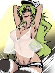 1girls bleach bleach:_the_thousand-year_blood_war breasts candice_catnipp female_focus frills green_hair short_shorts solo_focus stockings teal_eyes transparent_clothing transparent_top visible_nipples