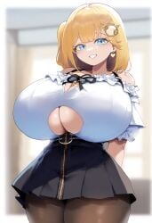 ai_generated ameanon bare_shoulders big_breasts blonde_hair blue_eyes breast_cutout breasts earrings hololive hololive_english hololive_myth huge_breasts large_breasts pantyhose thick_thighs underboob virtual_youtuber vtuber watson_amelia