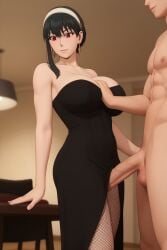 1boy ai_generated big_ass big_breasts big_penis black_dress black_hair busty female fishnets imminent_sex male radnsad red_eyes short_hair_with_long_locks sidelocks spy_x_family thick_thighs yor_briar yor_forger