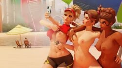 3d 3d_(artwork) 4girls beach black_body blender blonde_hair d.va hana_song korra_amari mercy overwatch overwatch_2 selfie sombra summer sunbathing sunscreen tracer white_body white_skin yuri yuri