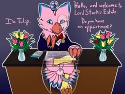 animal_genitalia anthro bandai_namco beak biyomon blind_eye blue_eyes bottomless bow_tie cloaca clothed clothing crossed_legs desk digimon digimon_(species) feathers female furniture genitals pink_body pink_feathers roguemorpho scar smile solo table