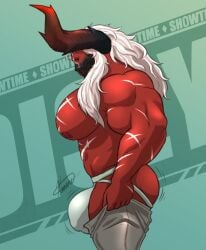 1boy abs ass bara barawulf barawulf_nsfw biceps big_balls big_bulge big_penis bulge demon demon_horns devil devil_horns dislyte erection gay horns jiang_jiuli_(dislyte) jockstrap male male_nipples male_only manly meme muscular_male nipples pecs penis_outline red_body red_skin tight_pants_(meme) underwear